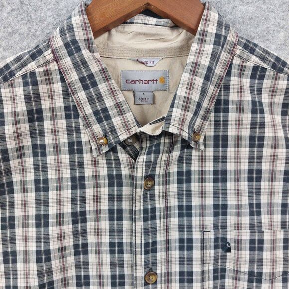 Carhartt Shirt Mens Large Beige Blue Plaid Long Sleeve Button Down Casual Cotton - Picture 3 of 8